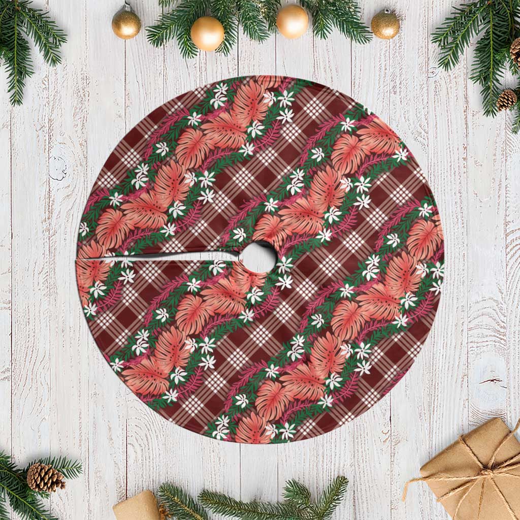 Polynesian Monstera Tiare Floral Tree Skirt Burgundy Tropical Plaid - Polynesian Pride