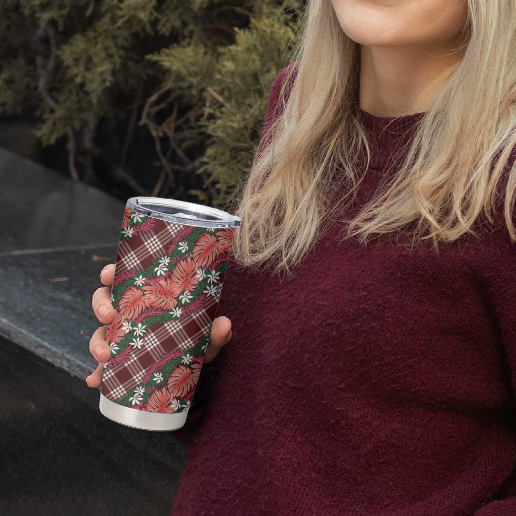 Polynesian Monstera Tiare Floral Tumbler Cup Burgundy Tropical Plaid - Polynesian Pride