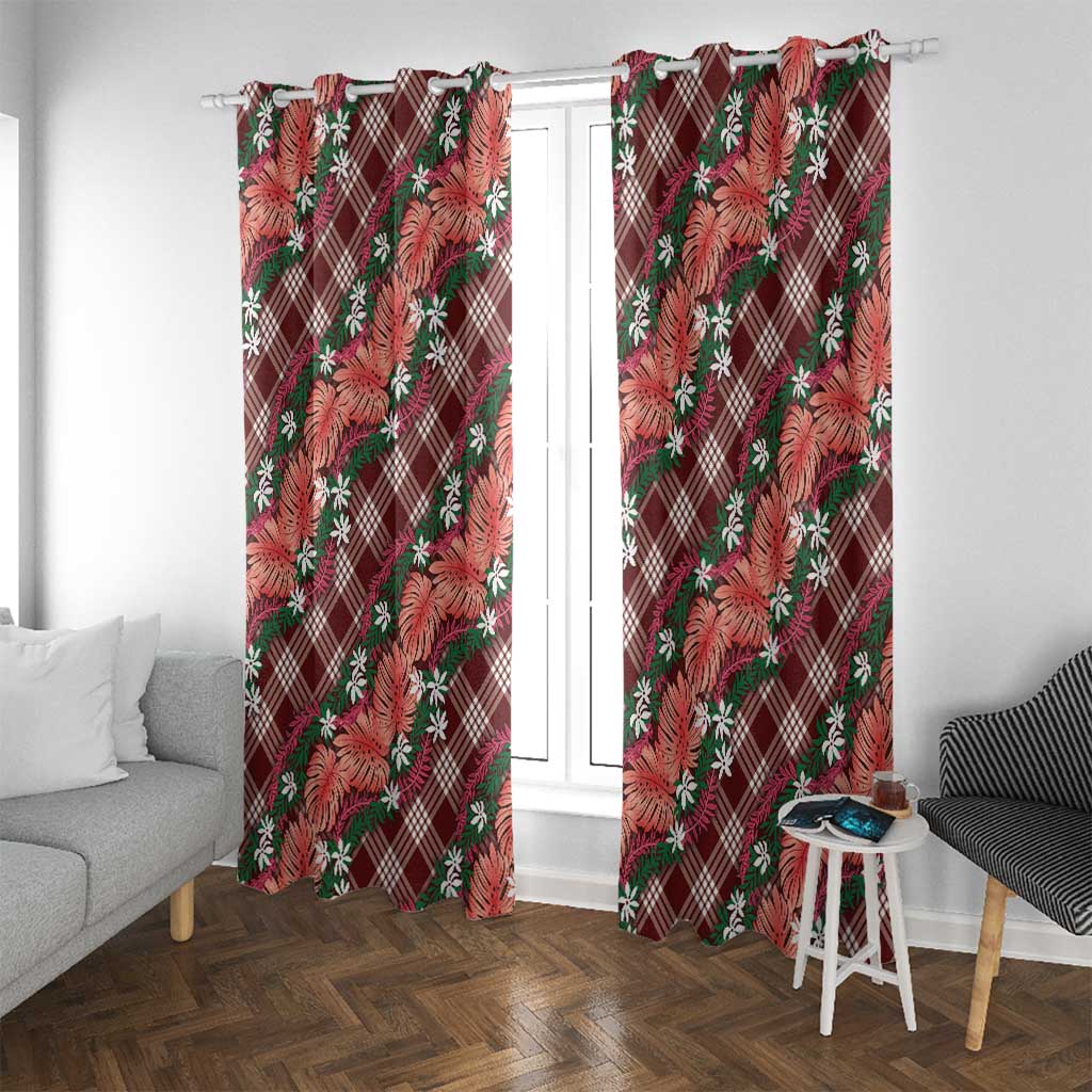 Polynesian Monstera Tiare Floral Window Curtain Burgundy Tropical Plaid - Polynesian Pride