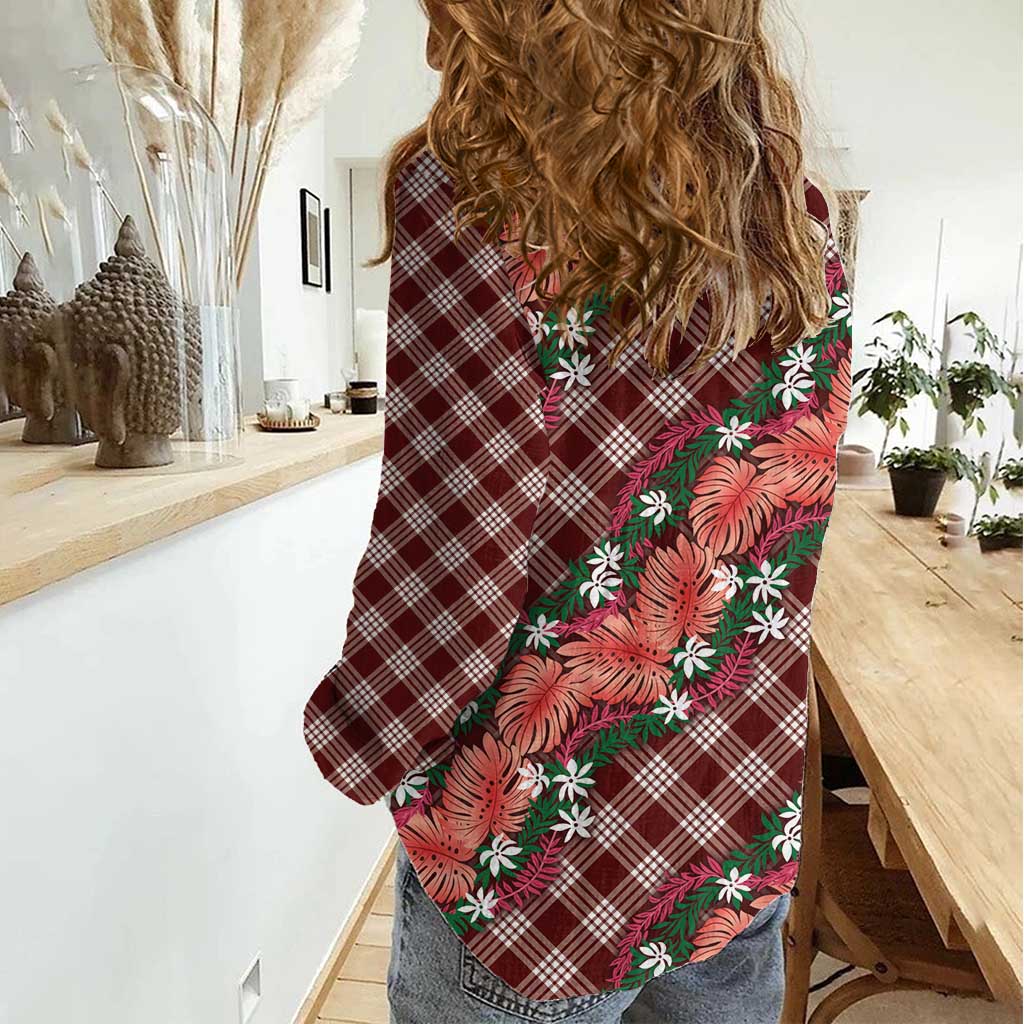 Polynesian Monstera Tiare Floral Women Casual Shirt Burgundy Tropical Plaid LT01 - Polynesian Pride