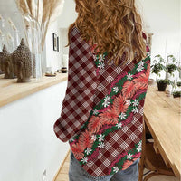 Polynesian Monstera Tiare Floral Women Casual Shirt Burgundy Tropical Plaid LT01 - Polynesian Pride