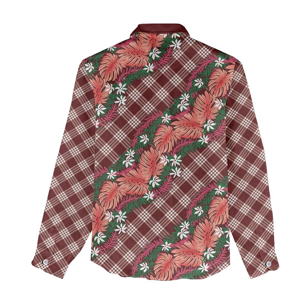 Polynesian Monstera Tiare Floral Women Casual Shirt Burgundy Tropical Plaid LT01 - Polynesian Pride