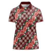 Polynesian Monstera Tiare Floral Women Polo Shirt Burgundy Tropical Plaid LT01 Female Red - Polynesian Pride