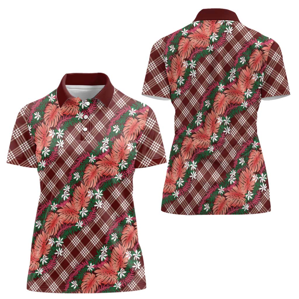 Polynesian Monstera Tiare Floral Women Polo Shirt Burgundy Tropical Plaid LT01 - Polynesian Pride
