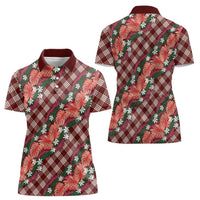 Polynesian Monstera Tiare Floral Women Polo Shirt Burgundy Tropical Plaid LT01 - Polynesian Pride