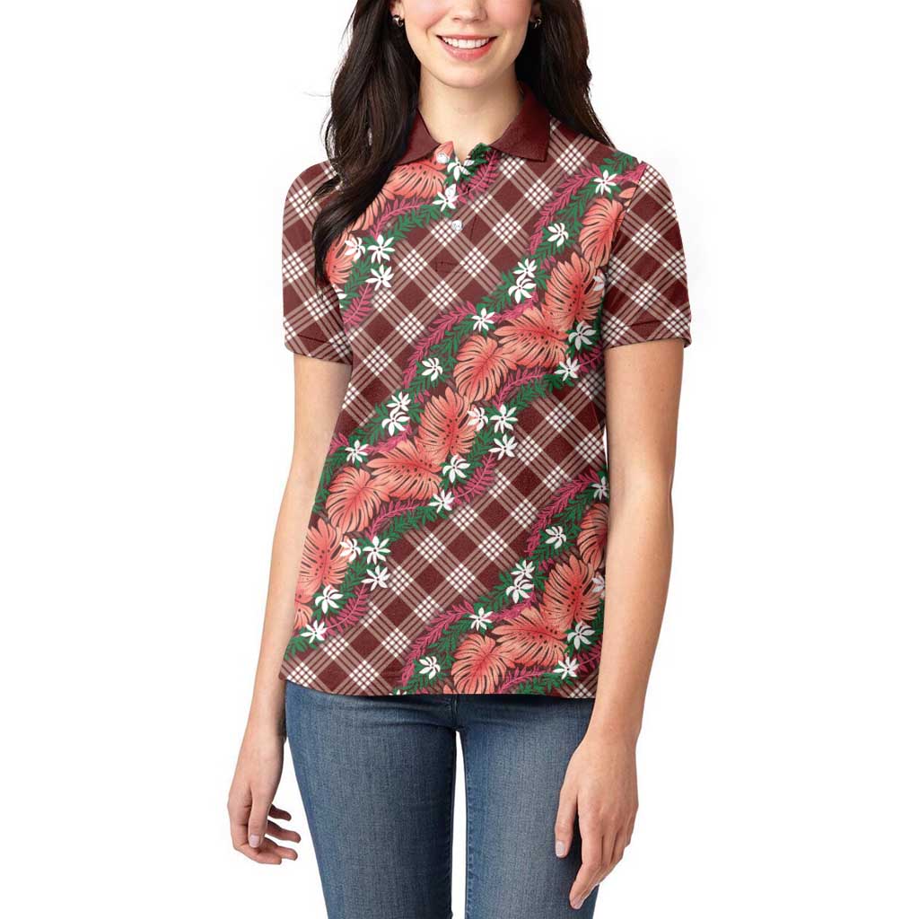 Polynesian Monstera Tiare Floral Women Polo Shirt Burgundy Tropical Plaid LT01 - Polynesian Pride