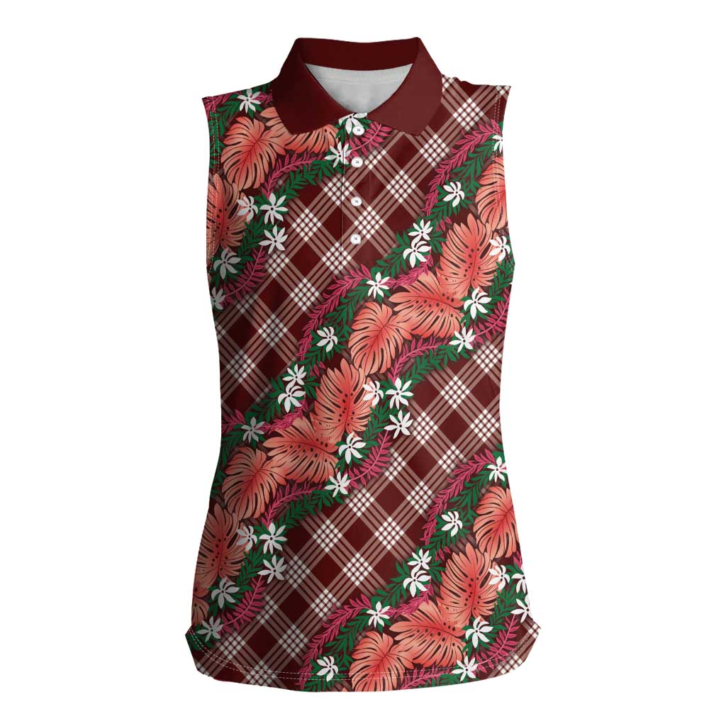 Polynesian Monstera Tiare Floral Women Sleeveless Polo Shirt Burgundy Tropical Plaid LT01 Female Red - Polynesian Pride