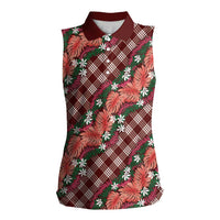 Polynesian Monstera Tiare Floral Women Sleeveless Polo Shirt Burgundy Tropical Plaid LT01 Female Red - Polynesian Pride