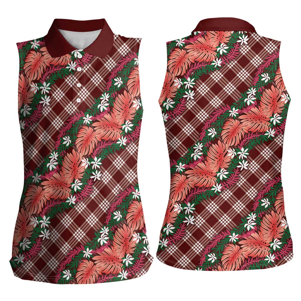 Polynesian Monstera Tiare Floral Women Sleeveless Polo Shirt Burgundy Tropical Plaid LT01 - Polynesian Pride