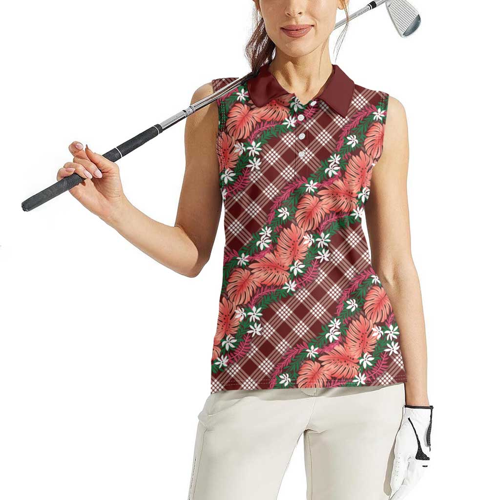 Polynesian Monstera Tiare Floral Women Sleeveless Polo Shirt Burgundy Tropical Plaid LT01 - Polynesian Pride