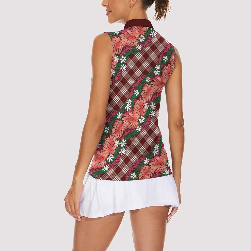 Polynesian Monstera Tiare Floral Women Sleeveless Polo Shirt Burgundy Tropical Plaid LT01 - Polynesian Pride
