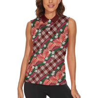 Polynesian Monstera Tiare Floral Women Sleeveless Polo Shirt Burgundy Tropical Plaid LT01 - Polynesian Pride