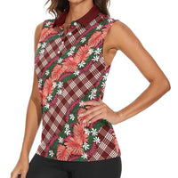 Polynesian Monstera Tiare Floral Women Sleeveless Polo Shirt Burgundy Tropical Plaid LT01 - Polynesian Pride