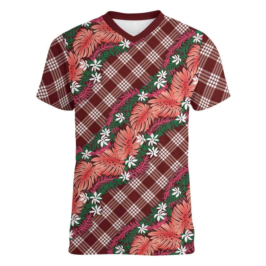 Polynesian Monstera Tiare Floral Women V-Neck T-Shirt Burgundy Tropical Plaid LT01 Female Red - Polynesian Pride