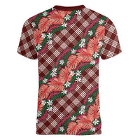 Polynesian Monstera Tiare Floral Women V-Neck T-Shirt Burgundy Tropical Plaid LT01 - Polynesian Pride
