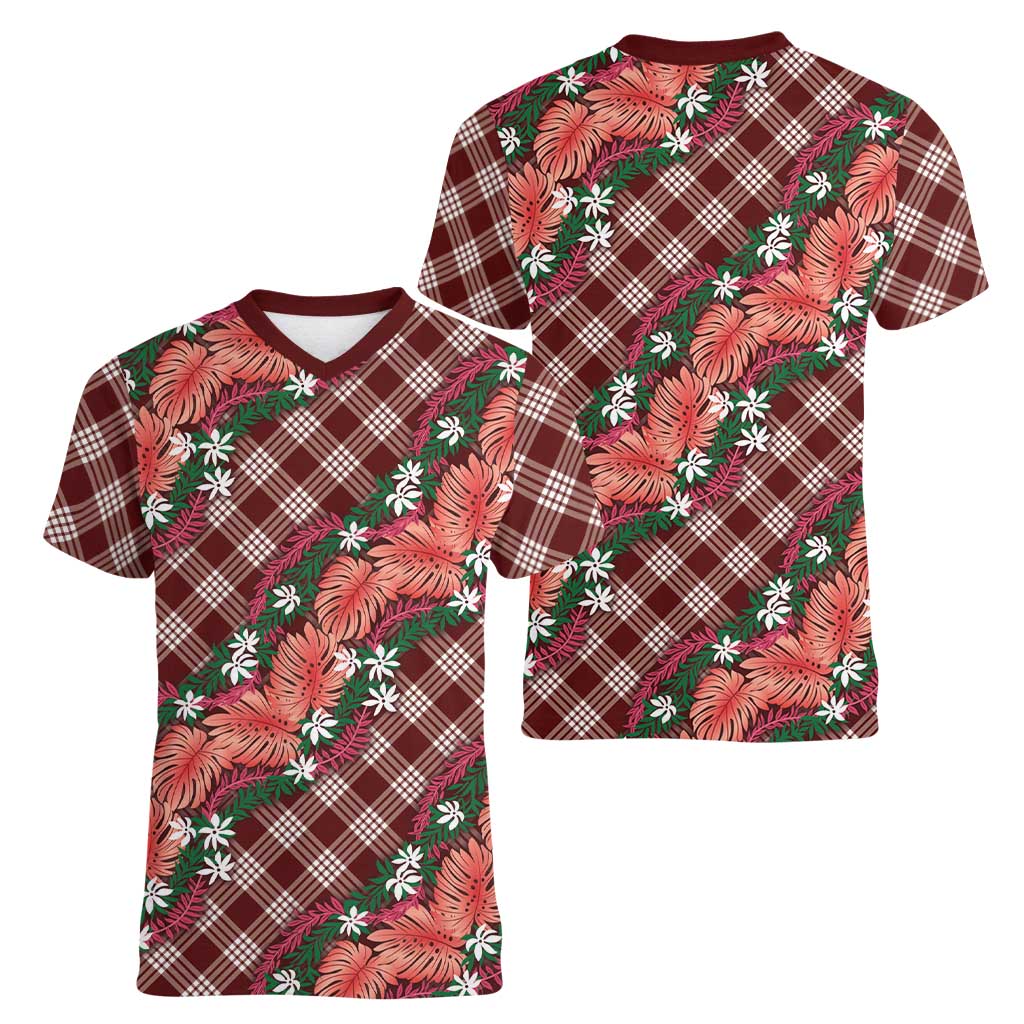 Polynesian Monstera Tiare Floral Women V-Neck T-Shirt Burgundy Tropical Plaid LT01 - Polynesian Pride