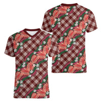 Polynesian Monstera Tiare Floral Women V-Neck T-Shirt Burgundy Tropical Plaid LT01 - Polynesian Pride