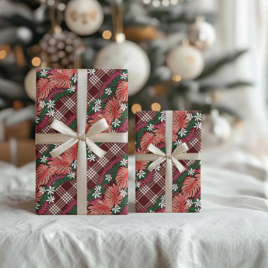 Polynesian Monstera Tiare Floral Wrapping Paper Burgundy Tropical Plaid - Polynesian Pride