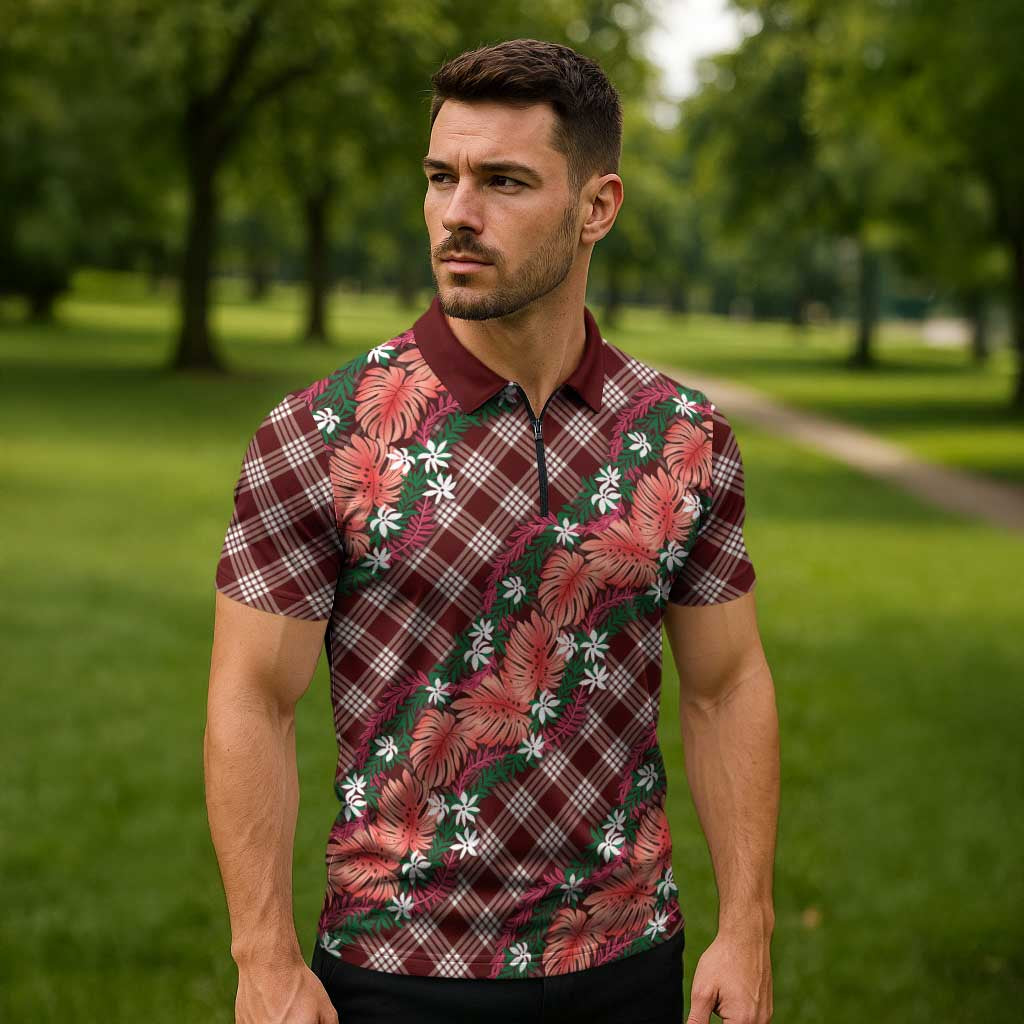 Polynesian Monstera Tiare Floral Zipper Polo Shirt Burgundy Tropical Plaid - Polynesian Pride