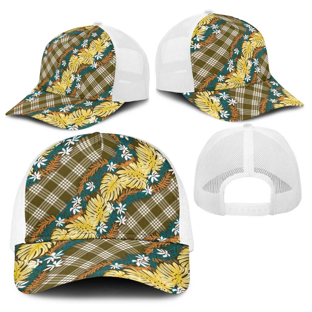 Polynesian Monstera Tiare Floral Baseball Net Cap Yellow Tropical Plaid - Polynesian Pride