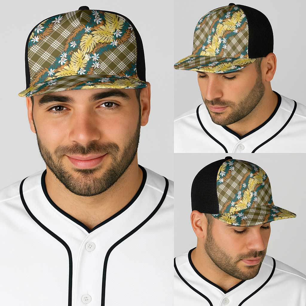 Polynesian Monstera Tiare Floral Baseball Net Cap Yellow Tropical Plaid - Polynesian Pride