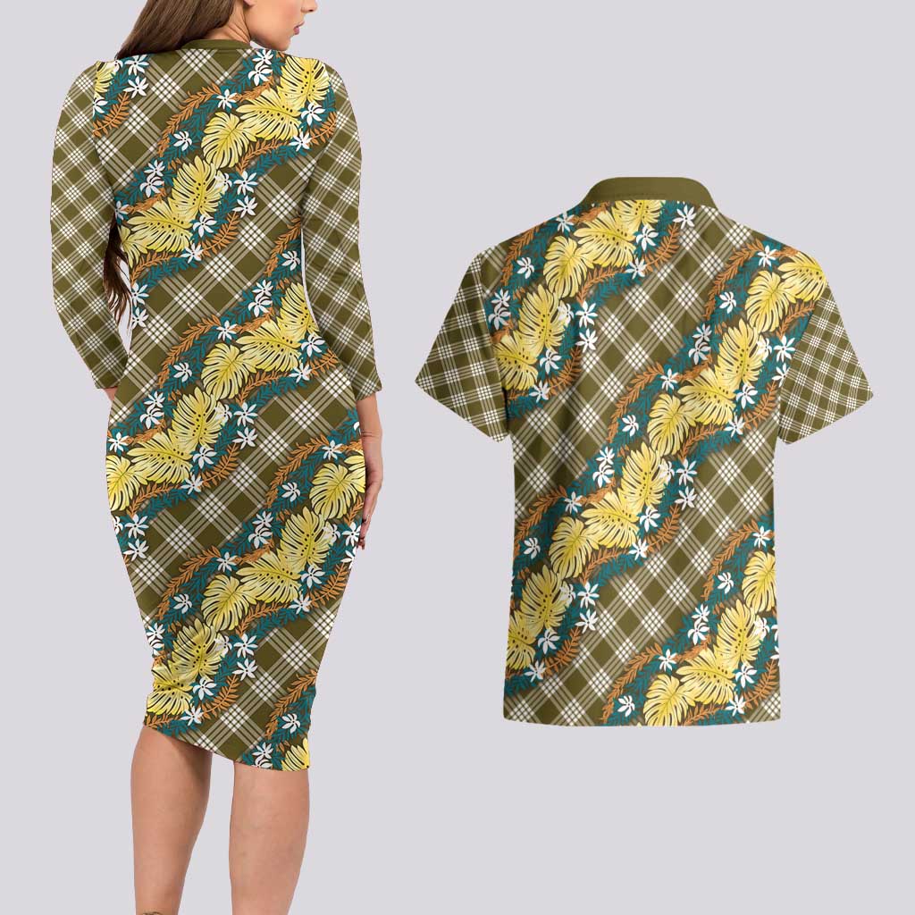Polynesian Monstera Tiare Floral Couples Matching Long Sleeve Bodycon Dress and Hawaiian Shirt Yellow Tropical Plaid LT01 - Polynesian Pride