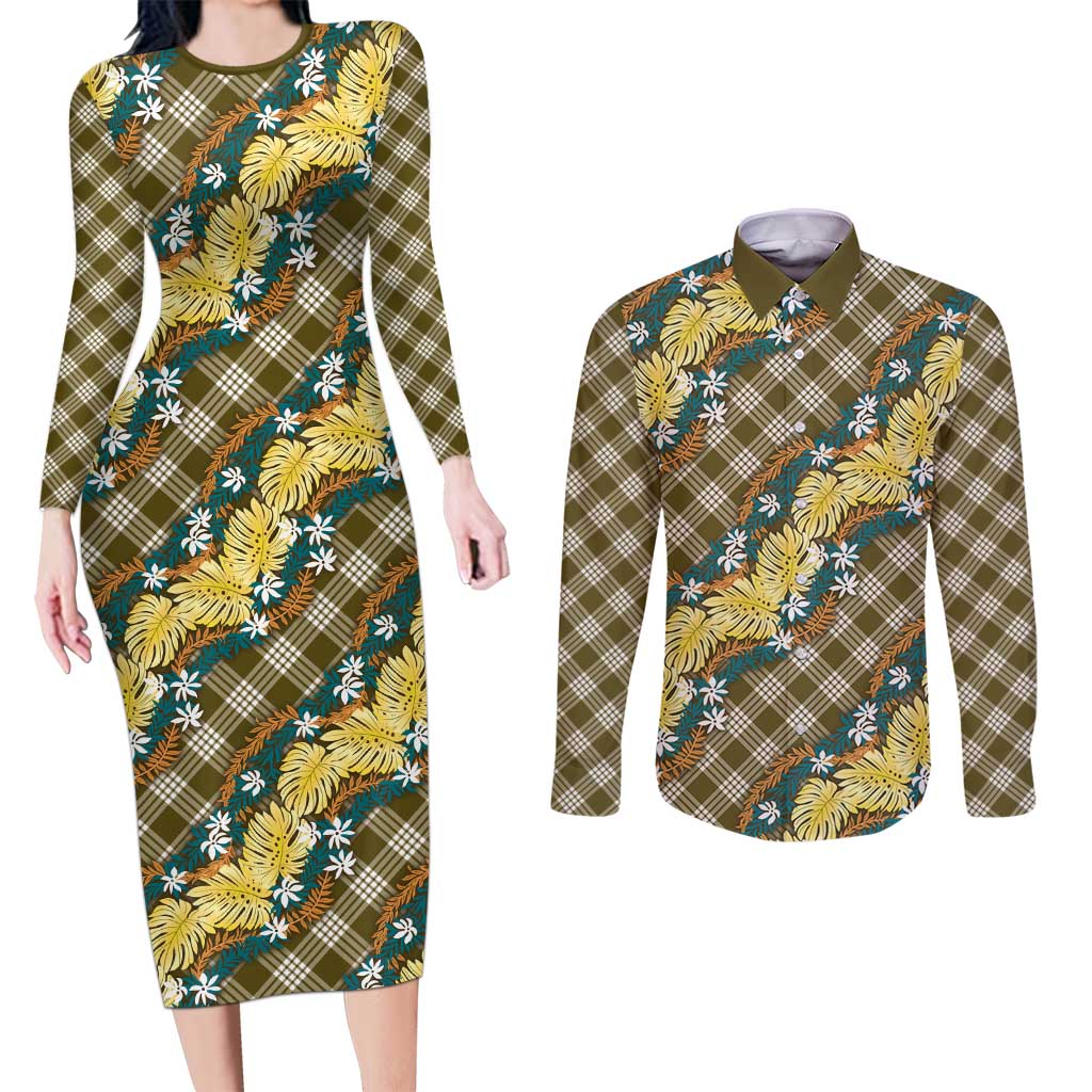 Polynesian Monstera Tiare Floral Couples Matching Long Sleeve Bodycon Dress and Long Sleeve Button Shirt Yellow Tropical Plaid LT01 Yellow - Polynesian Pride