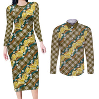 Polynesian Monstera Tiare Floral Couples Matching Long Sleeve Bodycon Dress and Long Sleeve Button Shirt Yellow Tropical Plaid LT01 Yellow - Polynesian Pride