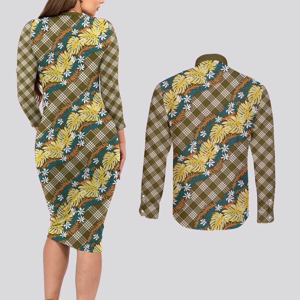 Polynesian Monstera Tiare Floral Couples Matching Long Sleeve Bodycon Dress and Long Sleeve Button Shirt Yellow Tropical Plaid LT01 - Polynesian Pride