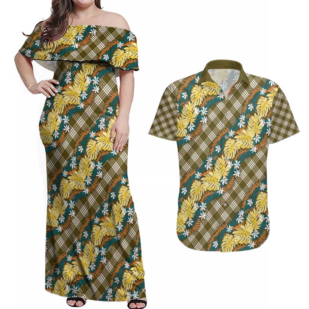 Polynesian Monstera Tiare Floral Couples Matching Off Shoulder Maxi Dress and Hawaiian Shirt Yellow Tropical Plaid LT01 Yellow - Polynesian Pride