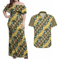 Polynesian Monstera Tiare Floral Couples Matching Off Shoulder Maxi Dress and Hawaiian Shirt Yellow Tropical Plaid LT01 Yellow - Polynesian Pride