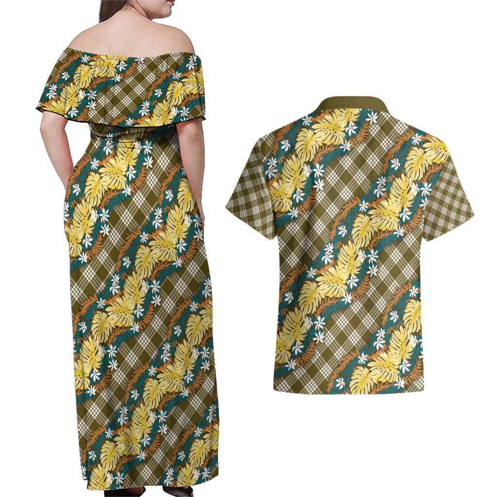 Polynesian Monstera Tiare Floral Couples Matching Off Shoulder Maxi Dress and Hawaiian Shirt Yellow Tropical Plaid LT01 - Polynesian Pride