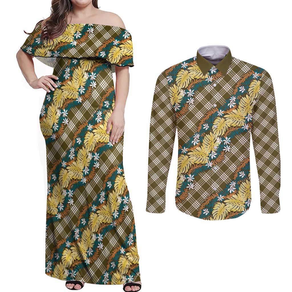 Polynesian Monstera Tiare Floral Couples Matching Off Shoulder Maxi Dress and Long Sleeve Button Shirt Yellow Tropical Plaid LT01 Yellow - Polynesian Pride