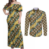 Polynesian Monstera Tiare Floral Couples Matching Off Shoulder Maxi Dress and Long Sleeve Button Shirt Yellow Tropical Plaid LT01 Yellow - Polynesian Pride