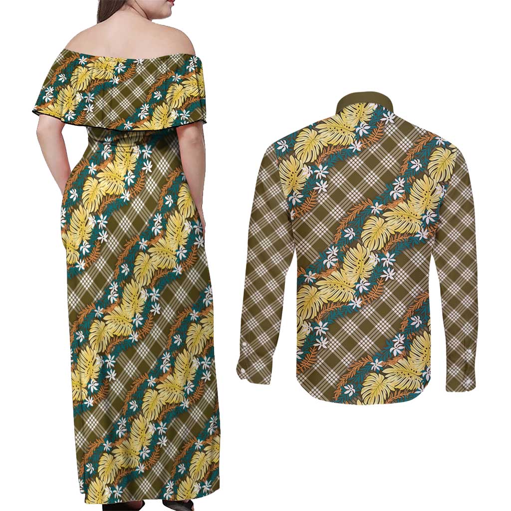 Polynesian Monstera Tiare Floral Couples Matching Off Shoulder Maxi Dress and Long Sleeve Button Shirt Yellow Tropical Plaid LT01 - Polynesian Pride