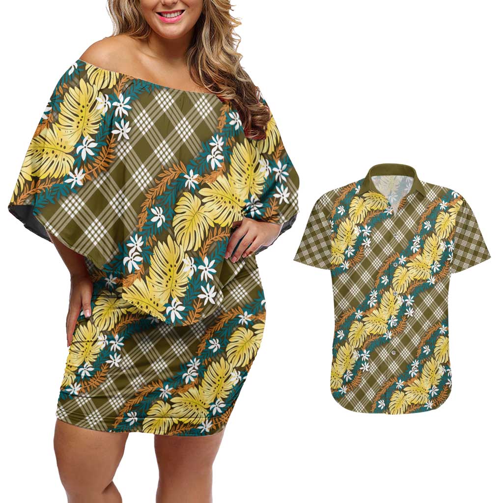 Polynesian Monstera Tiare Floral Couples Matching Off Shoulder Short Dress and Hawaiian Shirt Yellow Tropical Plaid LT01 Yellow - Polynesian Pride
