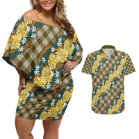 Polynesian Monstera Tiare Floral Couples Matching Off Shoulder Short Dress and Hawaiian Shirt Yellow Tropical Plaid LT01 Yellow - Polynesian Pride