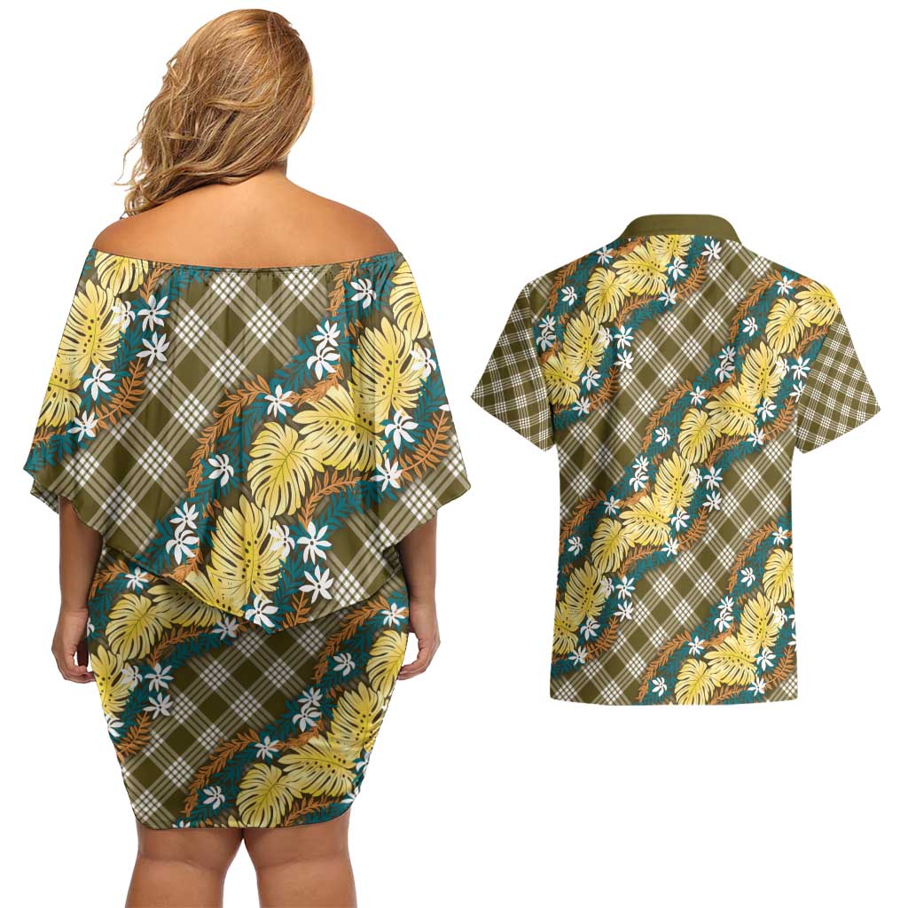Polynesian Monstera Tiare Floral Couples Matching Off Shoulder Short Dress and Hawaiian Shirt Yellow Tropical Plaid LT01 - Polynesian Pride