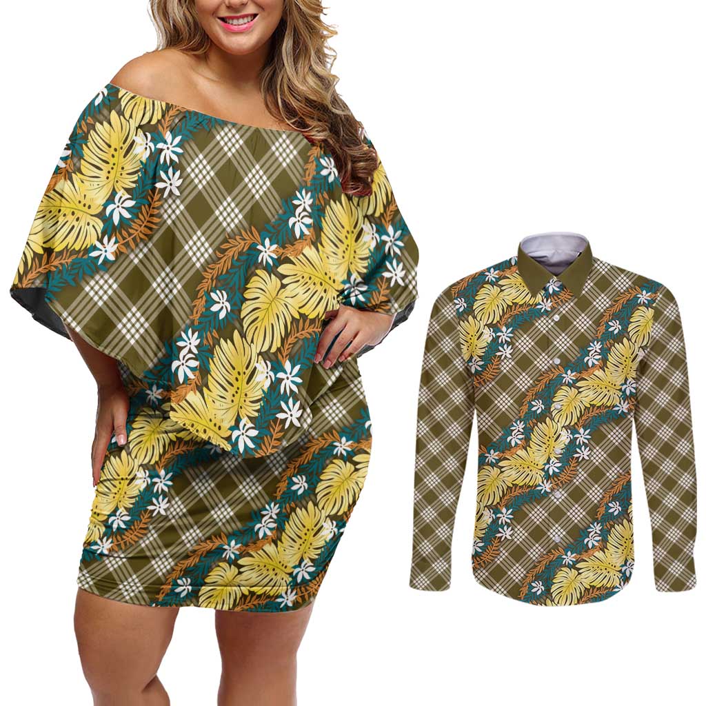 Polynesian Monstera Tiare Floral Couples Matching Off Shoulder Short Dress and Long Sleeve Button Shirt Yellow Tropical Plaid LT01 Yellow - Polynesian Pride
