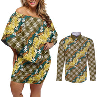 Polynesian Monstera Tiare Floral Couples Matching Off Shoulder Short Dress and Long Sleeve Button Shirt Yellow Tropical Plaid LT01 Yellow - Polynesian Pride