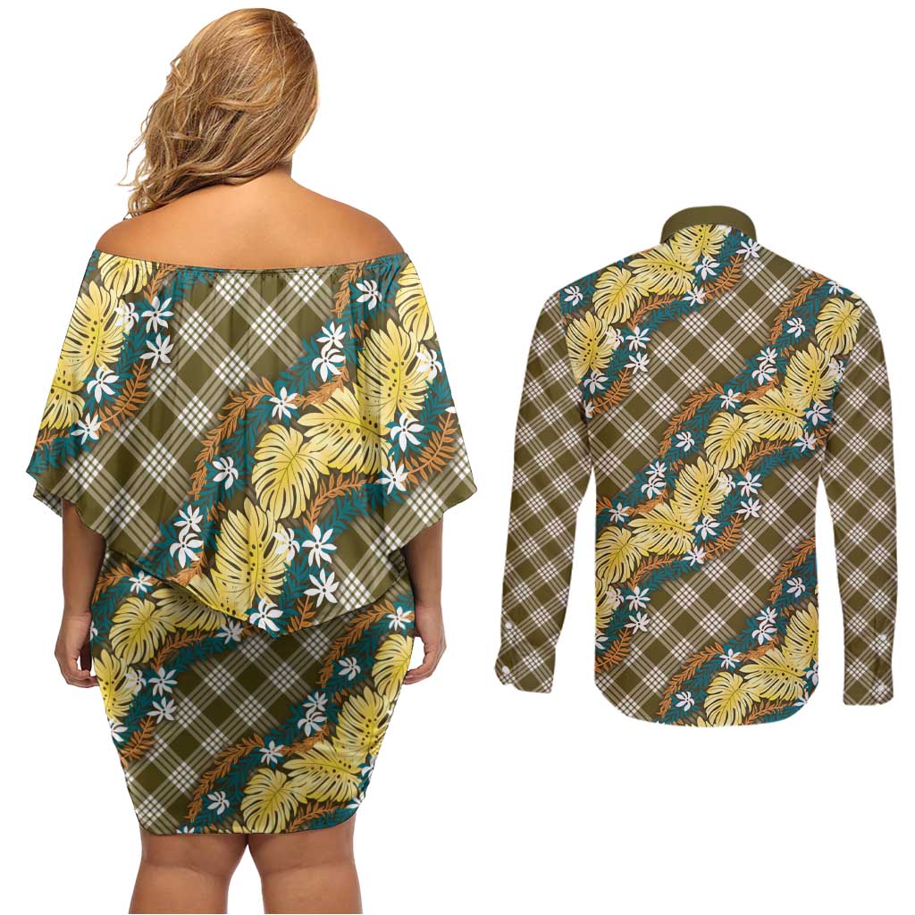 Polynesian Monstera Tiare Floral Couples Matching Off Shoulder Short Dress and Long Sleeve Button Shirt Yellow Tropical Plaid LT01 - Polynesian Pride