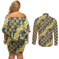 Polynesian Monstera Tiare Floral Couples Matching Off Shoulder Short Dress and Long Sleeve Button Shirt Yellow Tropical Plaid LT01 - Polynesian Pride
