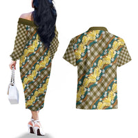 Polynesian Monstera Tiare Floral Couples Matching Off The Shoulder Long Sleeve Dress and Hawaiian Shirt Yellow Tropical Plaid LT01 - Polynesian Pride