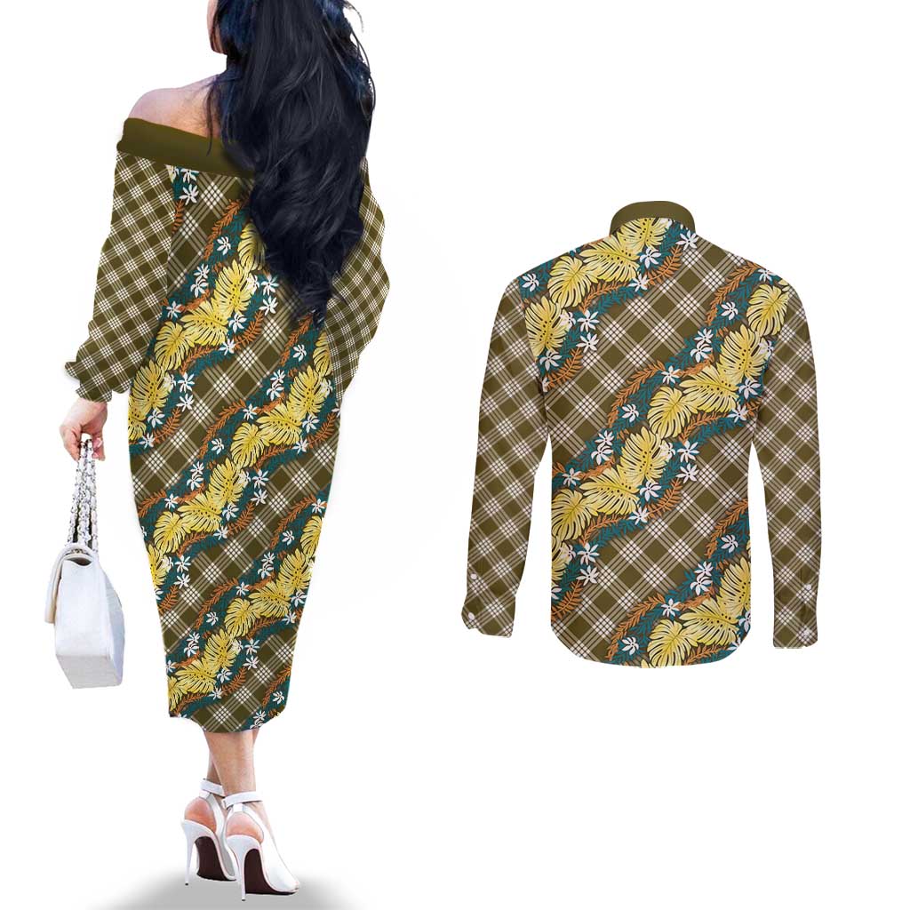Polynesian Monstera Tiare Floral Couples Matching Off The Shoulder Long Sleeve Dress and Long Sleeve Button Shirt Yellow Tropical Plaid LT01 - Polynesian Pride