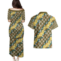 Polynesian Monstera Tiare Floral Couples Matching Puletasi and Hawaiian Shirt Yellow Tropical Plaid LT01 - Polynesian Pride