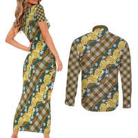 Polynesian Monstera Tiare Floral Couples Matching Short Sleeve Bodycon Dress and Long Sleeve Button Shirt Yellow Tropical Plaid LT01 - Polynesian Pride