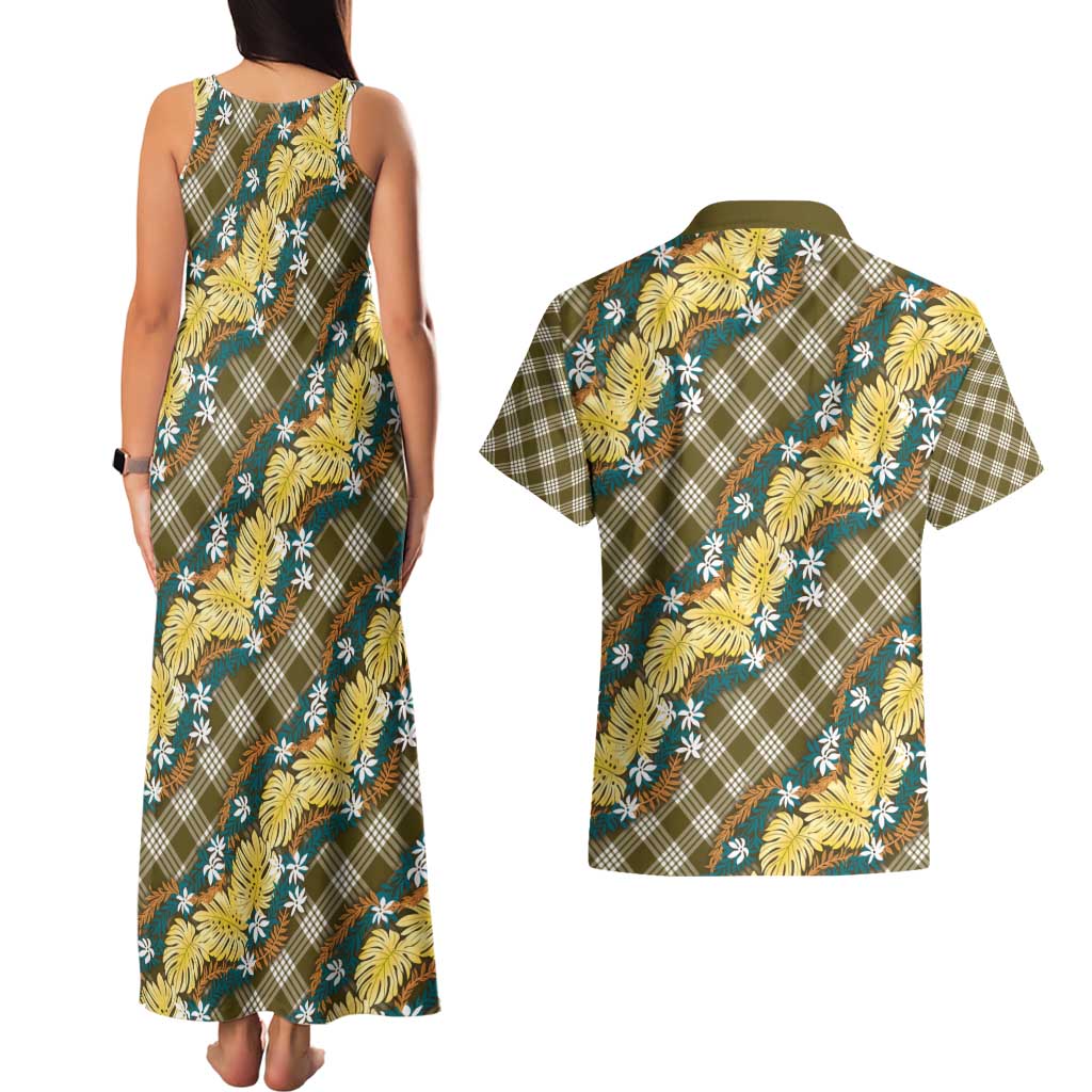 Polynesian Monstera Tiare Floral Couples Matching Tank Maxi Dress and Hawaiian Shirt Yellow Tropical Plaid LT01 - Polynesian Pride