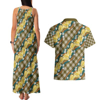 Polynesian Monstera Tiare Floral Couples Matching Tank Maxi Dress and Hawaiian Shirt Yellow Tropical Plaid LT01 - Polynesian Pride