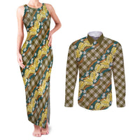 Polynesian Monstera Tiare Floral Couples Matching Tank Maxi Dress and Long Sleeve Button Shirt Yellow Tropical Plaid LT01 Yellow - Polynesian Pride