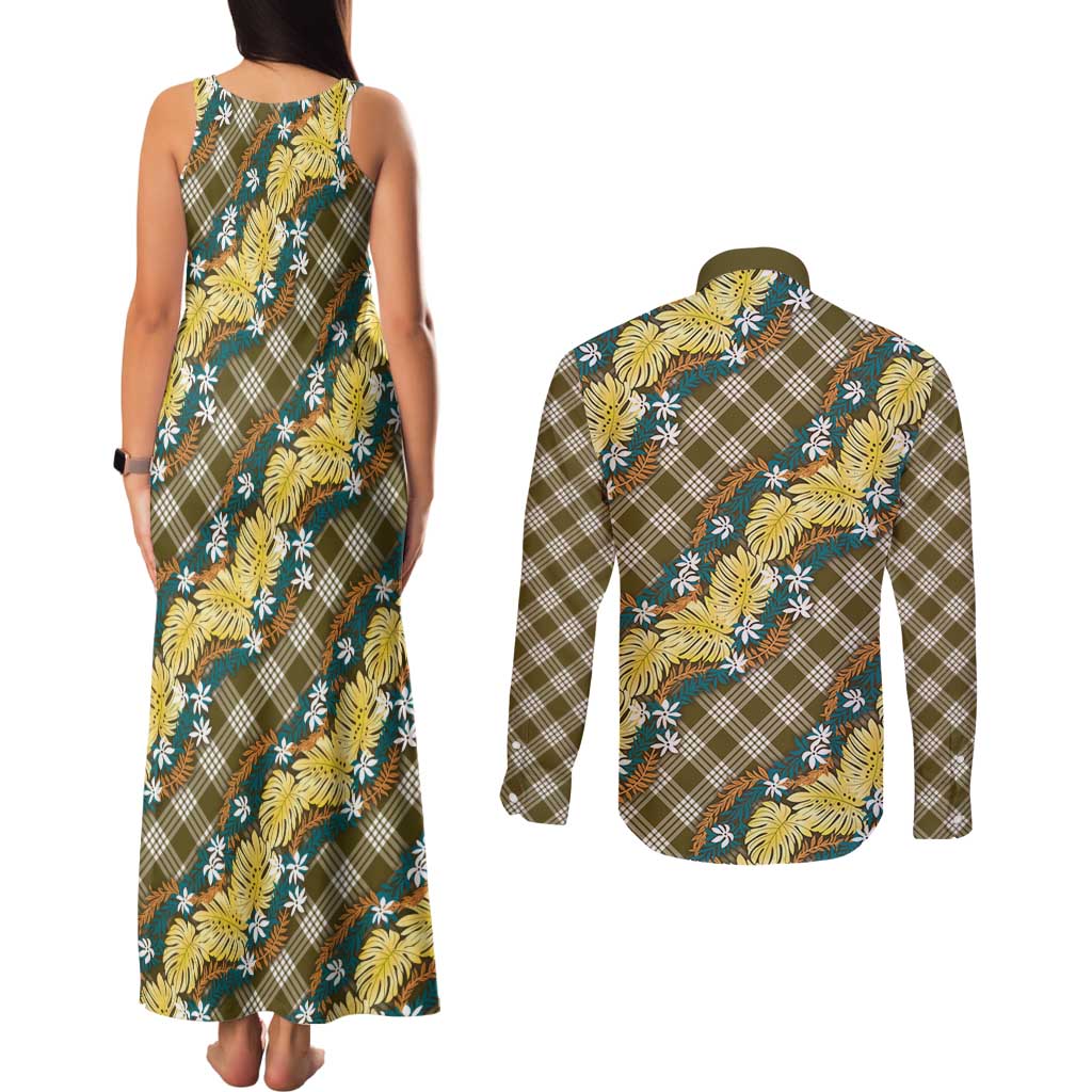 Polynesian Monstera Tiare Floral Couples Matching Tank Maxi Dress and Long Sleeve Button Shirt Yellow Tropical Plaid LT01 - Polynesian Pride